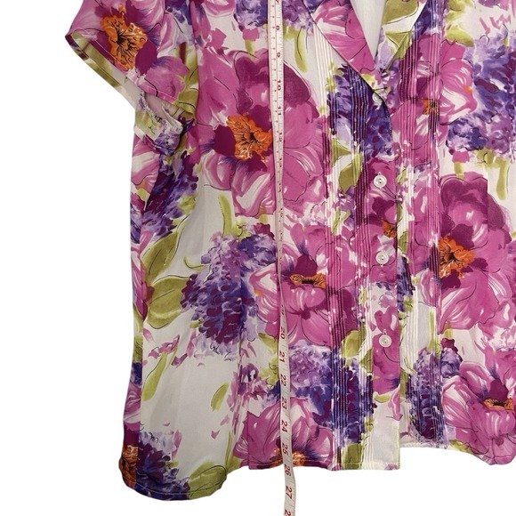Jones Wear 16 Floral Blouse Short Sleeve Collared Poly Lined Spring Easter - Picture 6 of 8